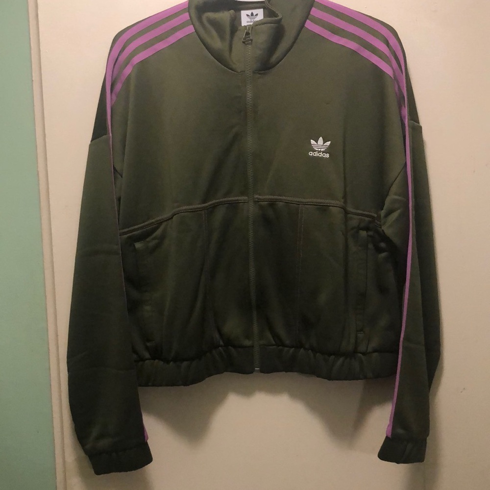 Adidas cropped jacket, new with tag. Olive green and lavender colour way